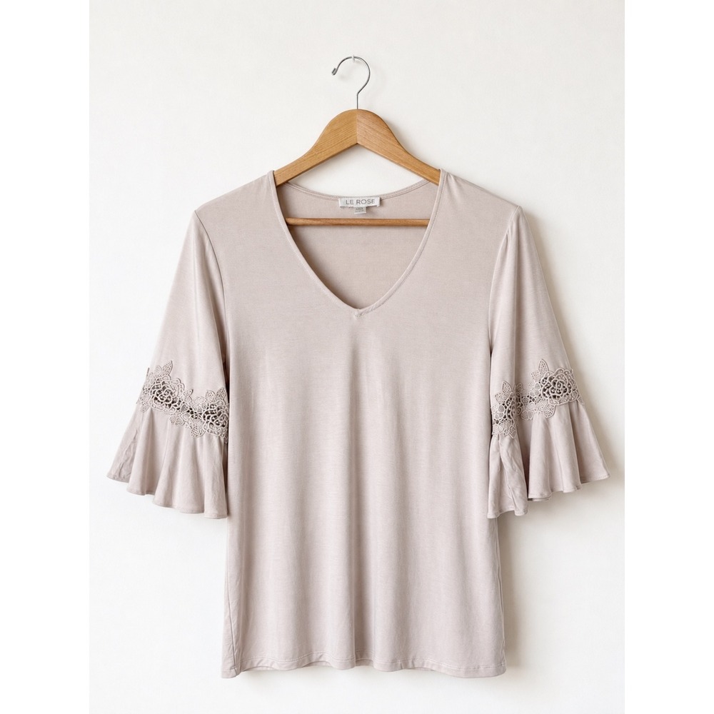 Le Rose Pajama Top Women XS Blush Pink Lace Bell Sleeve Bridal Lounge Boho